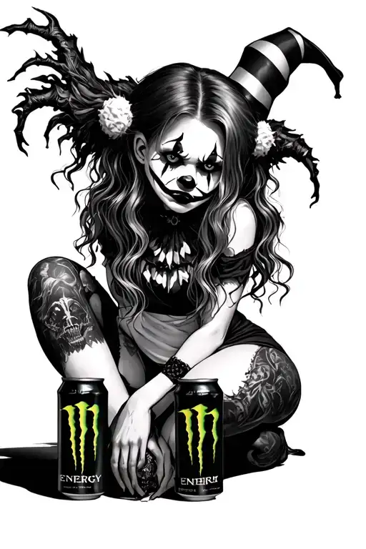 gothic clown girl posing together looking unhappy with monster energy cans tattoo design idea