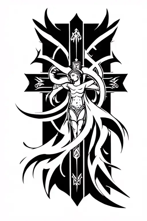 crucifix and medieval armor tattoo design idea