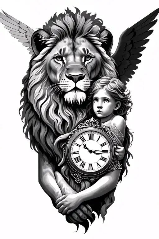 lion with timepiece and an angel tattoo design idea