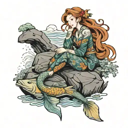 beautiful ginger mermaid sitting on a rock tattoo design idea