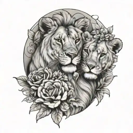 Lioness and lion cub nuzzling each other with flowers around them tattoo design idea