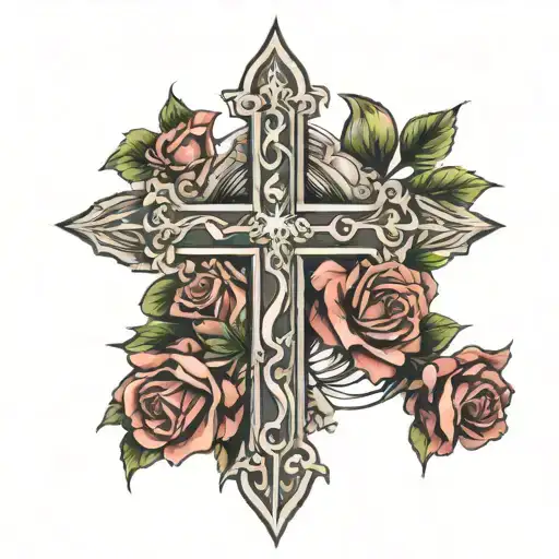 Christian Cross with roses tattoo design idea