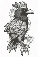 crow looking back with jester decals tattoo design idea