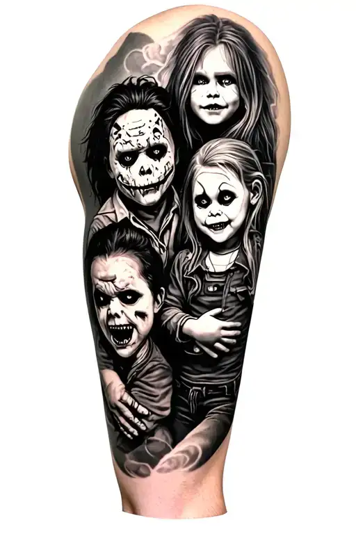 Horror leg sleeve with Jason, Freddie Krueger, chucky,  tattoo design idea