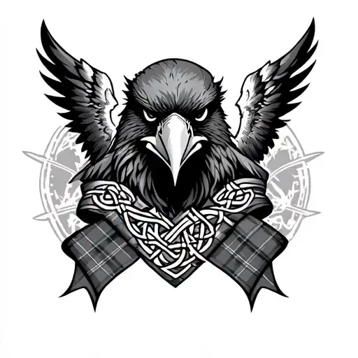 Nordic raven with Celtic warrior face built in, holding tartan ribon tattoo design idea