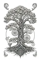yggdrasil tree with runes and valkyrie warrior woman tattoo design idea