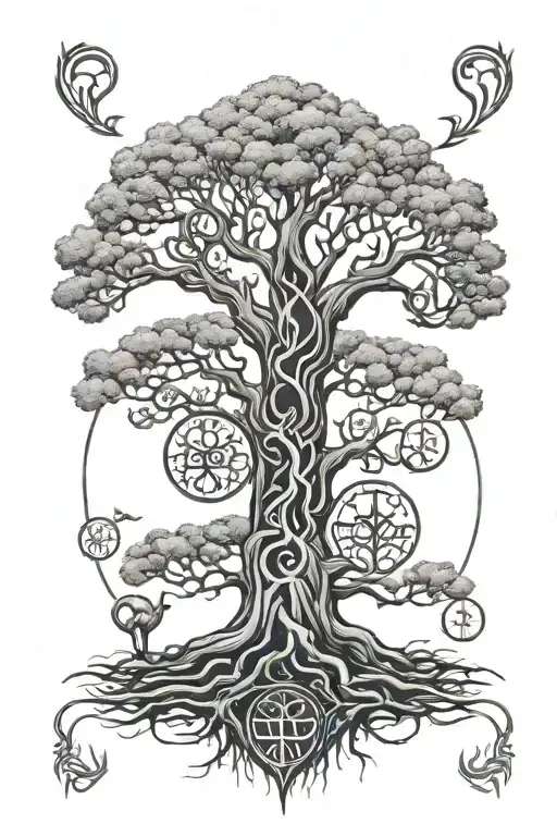 yggdrasil tree with runes and valkyrie warrior woman tattoo design idea