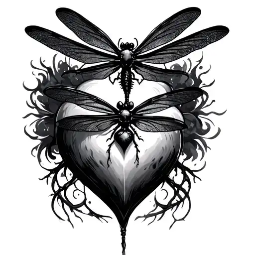 gothic dragonfly holding an atomic heart tattoo design idea