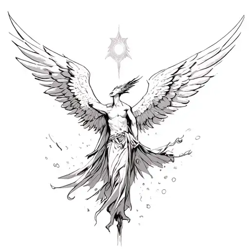 The fallen angel lost hope, but the phoenix helps him in the background tattoo design idea