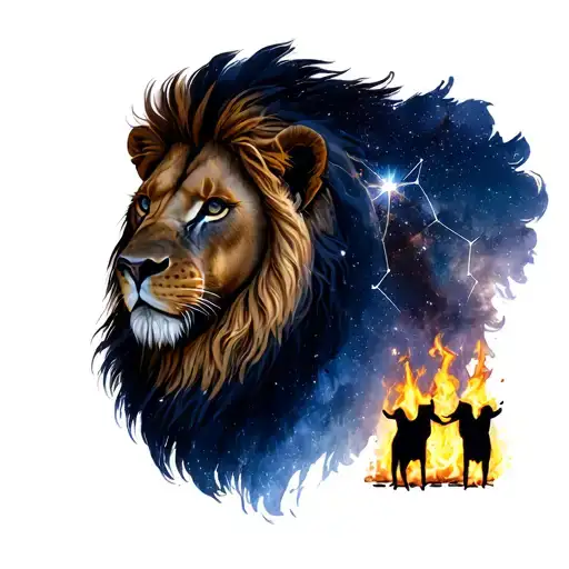 lion and night sky filled with constellations at background. then the twins in fire and ive tattoo design idea