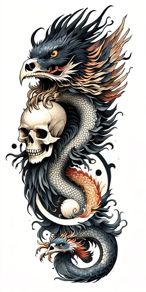 Chinese dragon and phoenix and skull and moon and raven tattoo design idea