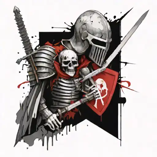 Knight with sword shield and skull tattoo design idea