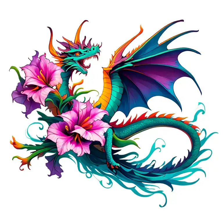 gladiolus flower with abstract dragon flying tattoo design idea