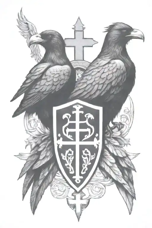 Rooker family crest tattoo incorporating castle, 2 large crows holding a Celtic cross, and 4 small crows in the shield tattoo design idea