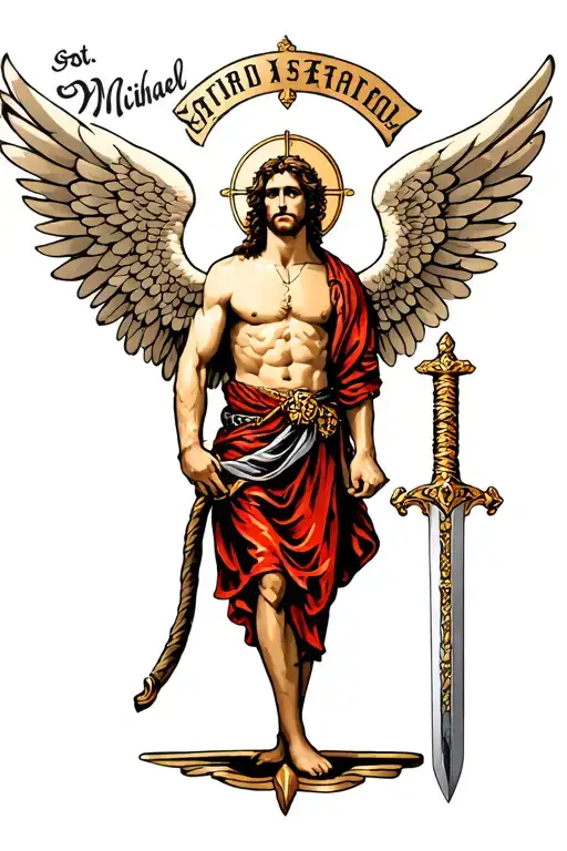 st. michael with wings and sword tattoo design idea