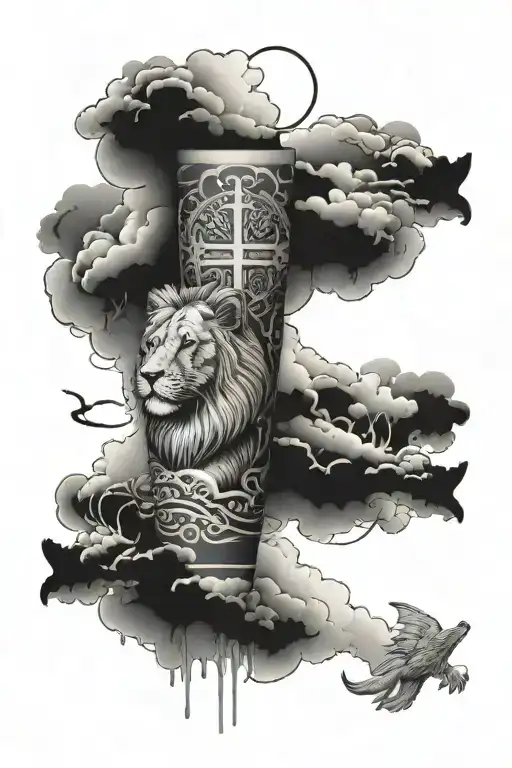 arm sleeve tattoo with the lord’s prayer on forearm surrounded by clouds with a lion made of smoke and a cross tattoo design idea