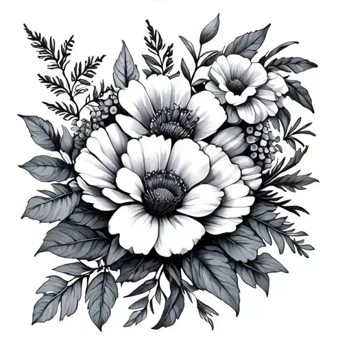bunch of different flowers and leaves tattoo design idea
