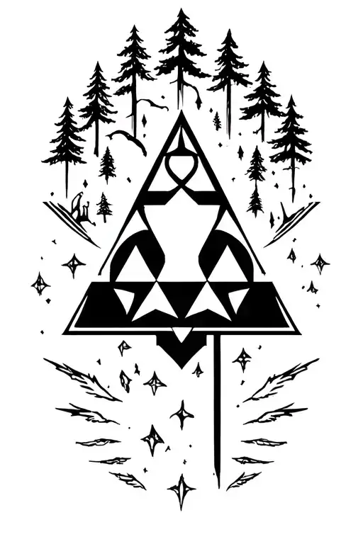 Forest line tattoo with Zelda's tri force simple and Yu-Gi-Oh dark magician  tattoo design idea