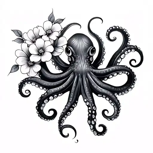 Japanese style octopus with flowers tattoo design idea