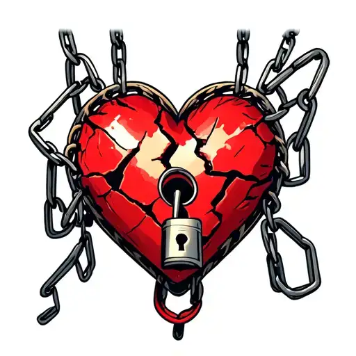 red cracked heart with chain and lock tattoo design idea