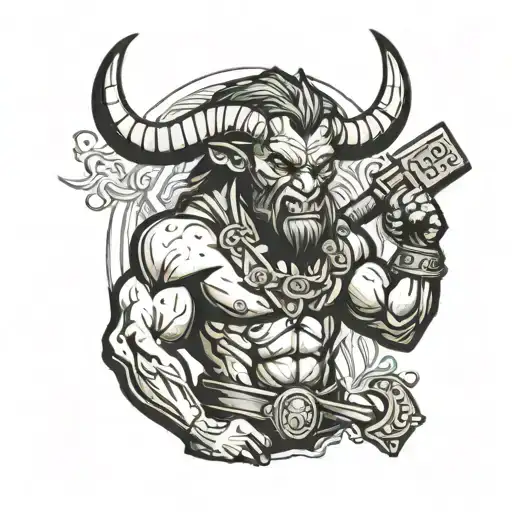 Minotaur with a hammer on his shoulders tattoo design idea