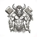 Minotaur with a hammer on his shoulders tattoo design idea