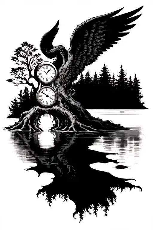 Tree with Deep Roots, calm river, angel wings, clock or hourglass-  ralustic tattoo with details and geometric patterns  tattoo design idea