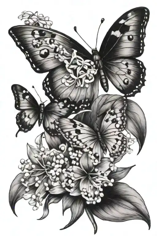 ladybugs, butterfly, lily of the valley, narcisus flower tattoo design idea