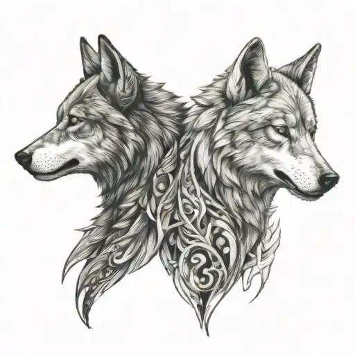 two wolves looking at each other. at each other. one of them white colour teethangry fangs tattoo design idea