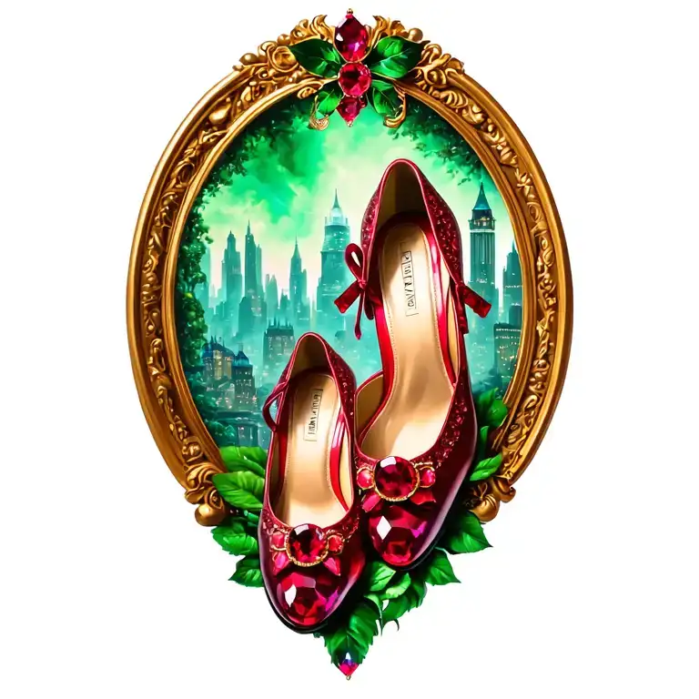 low heal ruby slippers with emerald city in background tattoo design idea