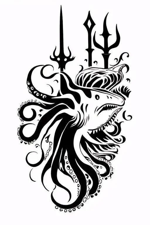 octopus, shark, waves, trident tattoo tattoo design idea