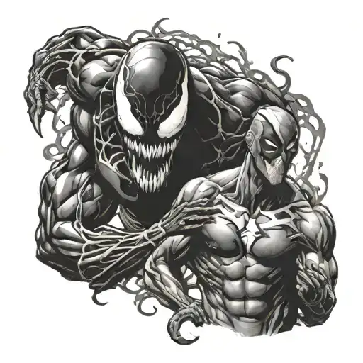 “Realistic tattoo style blending Marvel characters Venom and Deadpool in a striking scene. Venom appears powerful and in tattoo design idea