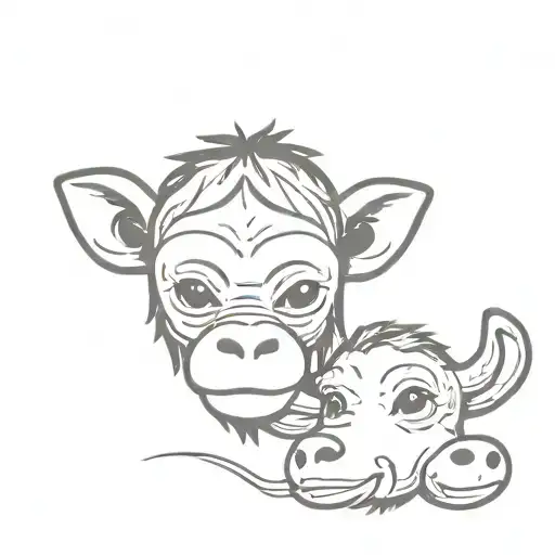 baby monkey head next to baby cow head tattoo design idea
