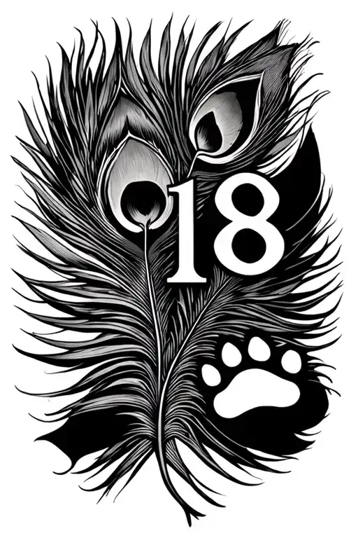 number 18  which should have a peacock feather to flute, thrishool of lord shiva and a dog paw and one piece anime tattoo design idea