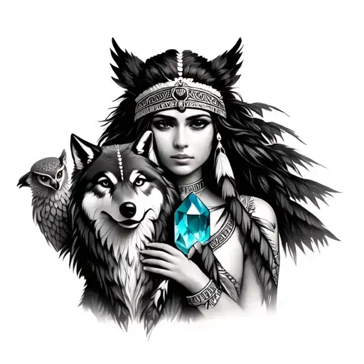 a female red Indian with a pet wolf and an owl clutching a beryl stone tattoo design idea