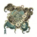 the word នរណាម្នាក់ and a necklace made by gem inside tattoo design idea