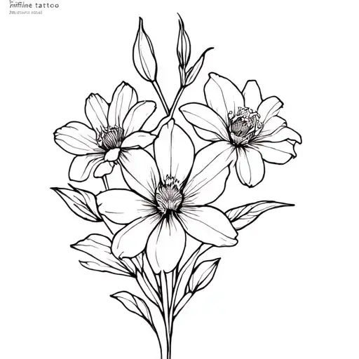 line drawing of jonquil, cosmos and iris flower tattoo design idea