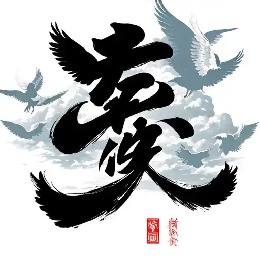 chinese word with sky background and angels flying tattoo design idea