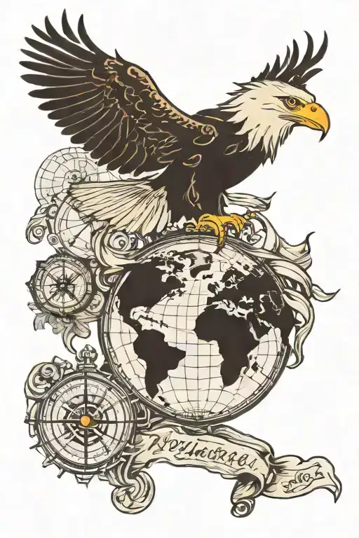 compass with world map fineline sea head eagle tattoo design idea