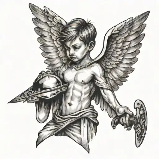 a child with knife and wings protecting the chest tattoo, ideas behing: protecting inner child, trauma, pain tattoo design idea