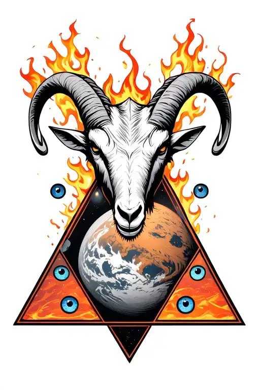 2 flaming triangles with a detailed evil goat head in the middle. the planet Mars and four blue eyes around it tattoo design idea