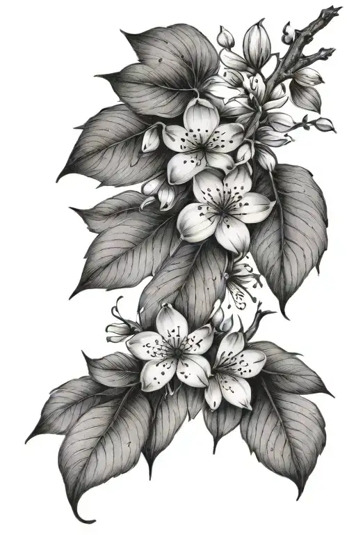 cherry blossom petals falling leaves thigh fine line  tattoo design idea