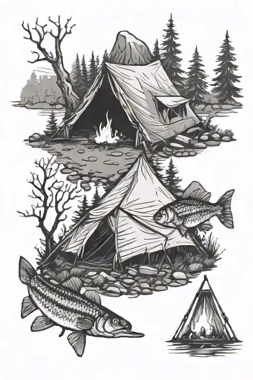 forest and tent with fire, pike perch, fishing tattoo design idea