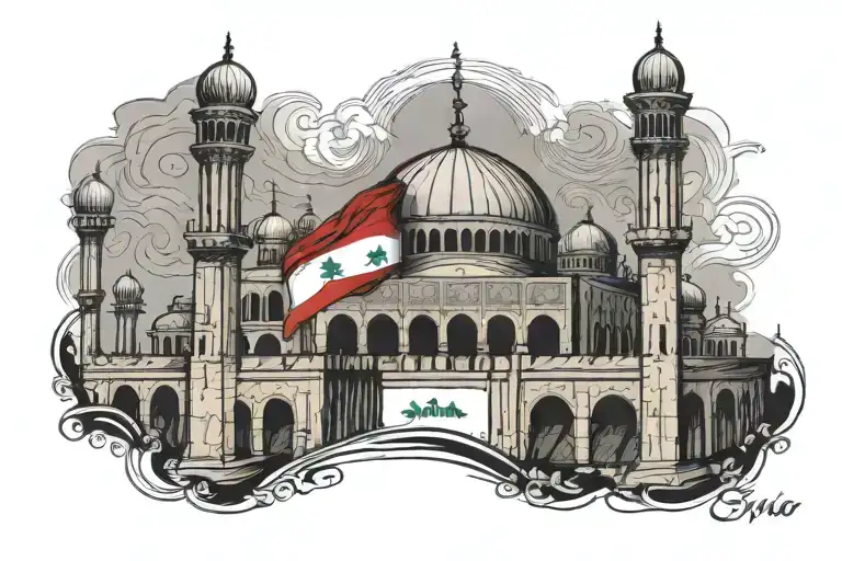 syria flag, damascus, umeyad mosque architecture tattoo design idea