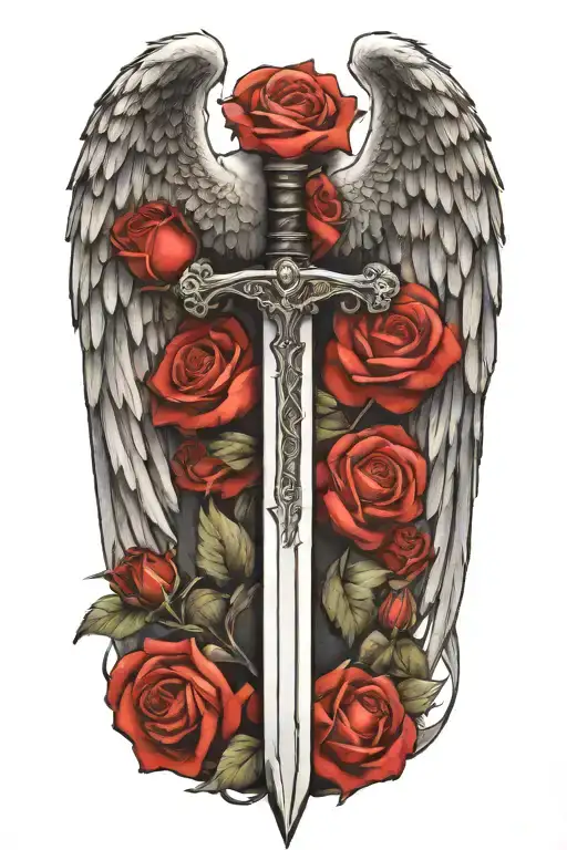 angel wings behind a sword, roses tattoo design idea