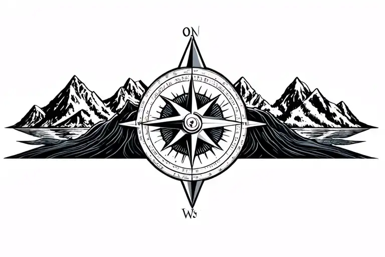 large compass surrounded by intricate geometric mountains and crashing waves, black and white, triangle frame tattoo design idea