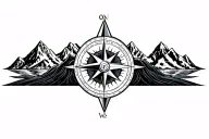 large compass surrounded by intricate geometric mountains and crashing waves, black and white, triangle frame tattoo design idea