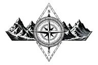 large compass surrounded by intricate geometric mountains and crashing waves, black and white, triangle frame tattoo design idea