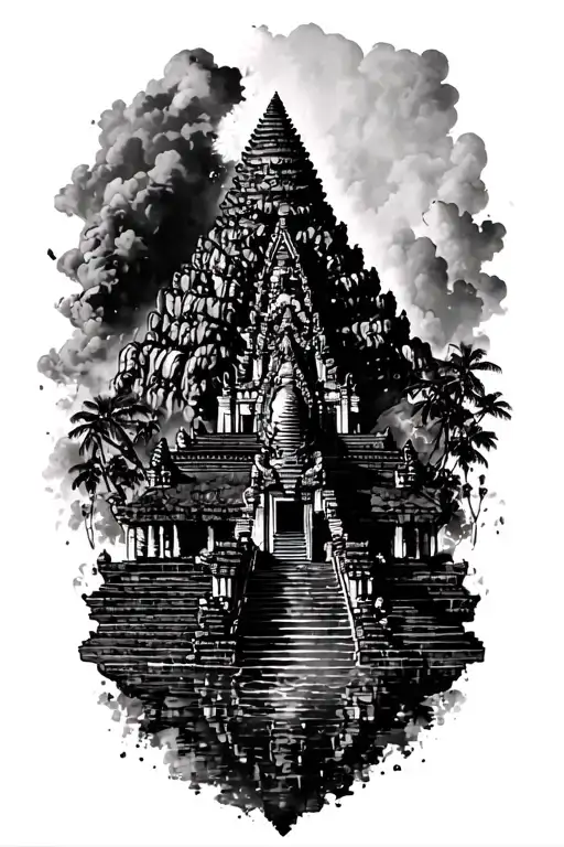 Piton Fournaise Volcano + Angkor Watt Cambodian tattoo design idea