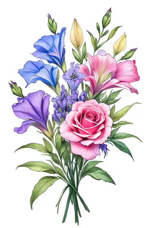 gladiolus, jonquil, lilac rose, sweet pea birth flower bouquet. I like colors: blues, pinks, purples, cyan tattoo design idea